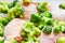 Broccoli with turkey. in a glass bowl. in full view in front of the oven. Grilled chicken with boiled broccoli and cranberries