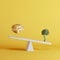 Broccoli vegetable tipping seesaw with floating burger on opposite end on yellow background