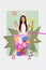 Brochure artwork collage of funky cheerful lovely girl collecting paschal eggs handicraft handmade symbols isolated on