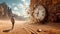 Brocken clock in rocky desert, surreal scene with man, motion of sand, sky and dial in summer. Concept of time, art, history,