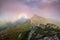 Brocken Spectre in the meadow among the highest mountains , fog and dramatic sky. Beautiful summer scenery. The rhododendron