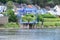 Brohl-LÃ¼tzing, Germany - 05 25 2022: Harbor of Brohl with crane of a soda factory