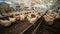 Broilers walk and eat in hennery on poultry farm