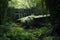 broken airplane wing amidst overgrown vegetation