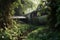 broken airplane wing amidst overgrown vegetation