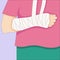 Broken arm in in a cast bandage, orthopedic gypsum, injury bone, vector illustration drawn in a flat style.