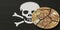 Broken bitcoin on the pirate Jolly Roger flag. Legal issues and cryptocurrency crimes concepts, 3d rendering