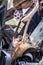 Broken and burned cars in the parking lot, accident or deliberate vandalism. Burnt car. Consequences of a car accident. Damaged by