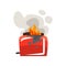 Broken burning toaster, damaged home appliance cartoon vector Illustration on a white background