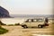 Broken camper van on seaside cliff, Spain