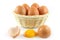 Broken chicken eggs and eggs in the basket