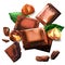 Broken chocolate bars and hazelnut nuts and mint leaf, sweet cocoa dessert, chocolate pieces, top view, close up