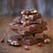 Broken chocolate bars and hazelnuts (filbert) on wooden table