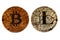 Broken coins bitcoin and litecoin on a white background