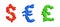 Broken colored currency symbols. Volume 3d cracked signs of red dollar and blue euro collapse green pound