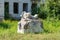 Broken concrete pioneers sculpture in abandoned soviet pioneer camp. Pioneer statue in abandoned camp