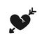 Broken cracked heart with arrow through it silhouette logo icon design.