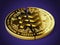 A broken or cracked Libra concept coin is laying on violet background. Libra in troubles - abandoned by investors concept. 3D