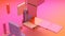 Broken cube. Purple, pink and orange blocks. Glass, metallic, plastic rectangles flying. Abstract illustration, 3d rendering.