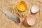 Broken egg on straw. Eggshell and bird feather on table