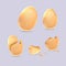 Broken eggs. Cracked open eggshell. Easter 3d realistic icons set isolated on white background vector illustration