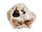 Broken geode with druse of calcite crystals inside on white background