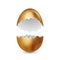 Broken golden easter egg on white background. Colored eggs. Cracked golden shell. Happy easter concept. Vector space for text