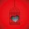 Broken heart in a bird cage on red background