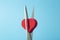 Broken heart cut with scissors on a colored background. Unhappy love, betrayal, quarrel, breakup concept