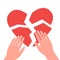 Broken heart, pain love and hands woman. Problem in relationship, crack heart. People hands hold pieces of puzzle shape