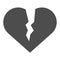 Broken heart solid icon. Sad love vector illustration isolated on white. Heart brake glyph style design, designed for