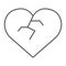 Broken heart thin line icon, love and broke, heartbreak sign, vector graphics, a linear pattern on a white background.