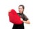 Broken heart woman is angry and try to tear heart pillow