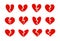 Broken hearts icons collection, heart crack, unlove symbol. Divorce, relationship crisis, family problems signs. Red
