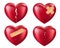 Broken hearts vector set. 3d realistic red color heart icons and symbols with wound, patches, stitches and bandages isolated