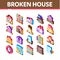 Broken House Building Isometric Icons Set Vector