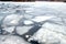 Broken ice floes float on the river