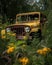 A broken jeep surrounded by curious native blooms. Abandoned landscape. AI generation