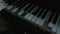 The broken keys of the old grand piano on which the musician plays. The camera pans the keys. Vintage musical instrument