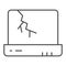 Broken laptop thin line icon. Notebook screen with crack, device with cracked display. Zero waste design concept