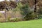 Broken large white protection net tied to two strong wooden poles behind playground surrounded with freshly cut grass and dense