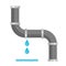 Broken metal pipe with leaking water, flat style vector illustration