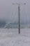 Broken phase electrical power lines with hoarfrost on the wooden electric poles on countryside in the winter after storm