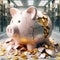 Broken Piggy Bank Personal Debt Bubble Dollars Saving Money Banking Global Currency Gold Coins Hammer AI Generated