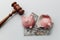 Broken piggy bank with and wooden gavel cash on a white background