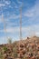 Broken pile of bricks on blue sky background