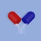 Broken pill . Blue background. Open pill. Red capsule. Blue vitamin. Medicine. Flat design. EPS 10