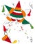 Broken pinata with confetti, streamers and doodles, Vector illustration