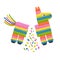 Broken pinata donkey for birthday party. Sweets and candy pour out from toy. Vector illustration in flat style