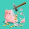 Broken pink piggy bank by hammer, bright gold coins